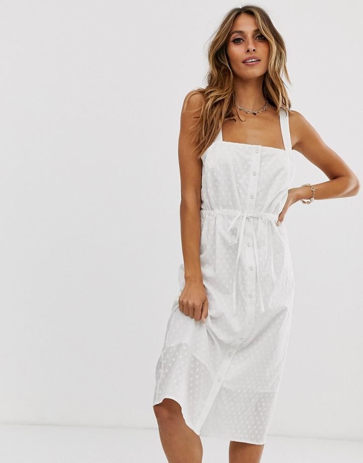 Asos Design Button Through Casual Midi Sundress In Dobby Spot - White