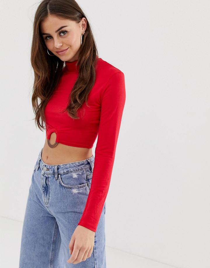 Prettylittlething High Neck Crop Top With Ring Detail In Red - Red