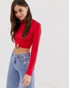 Prettylittlething High Neck Crop Top With Ring Detail In Red - Red