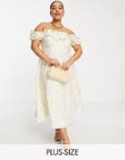 Ever New Curve Bardot Frill Midi Dress In Lemon Ditsy Floral-yellow