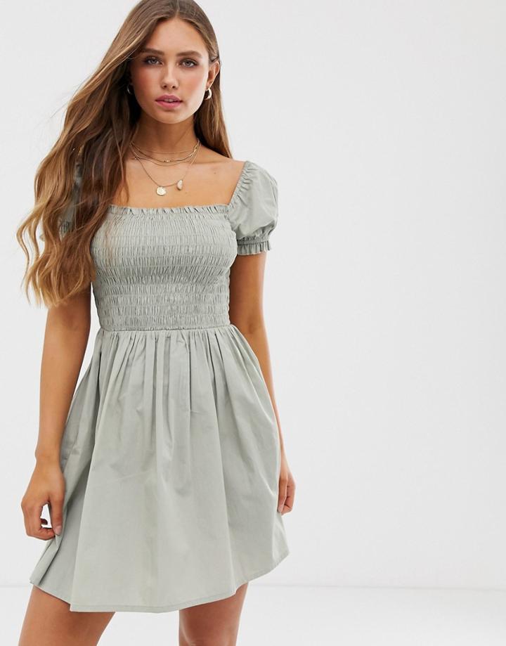 Asos Design Shirred Bodice Square Neck Cotton Mini Smock Dress-green