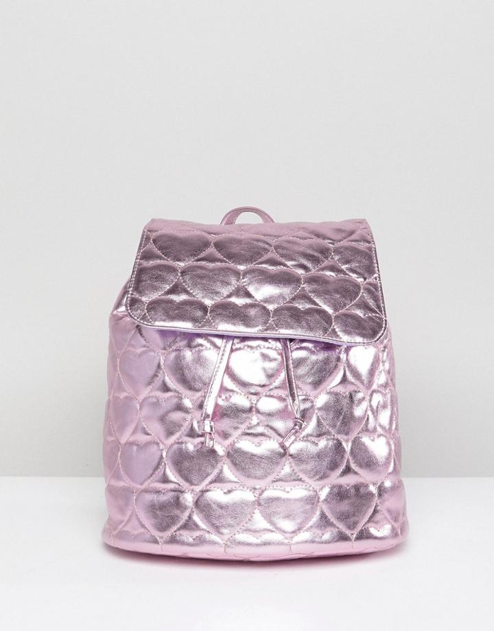 Lazy Oaf Pink Metallic Quilted Heart Backpack - Pink