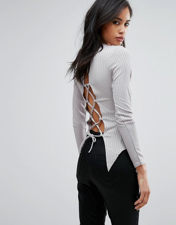 Parisian Lace Up Back Top - Gray