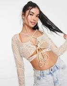 Asos Design Crochet Lace Top With Ruching In Stone-neutral
