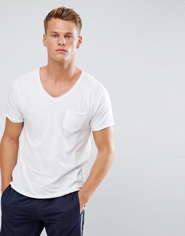 Brave Soul Basic Raw Edge V Neck T-shirt - White