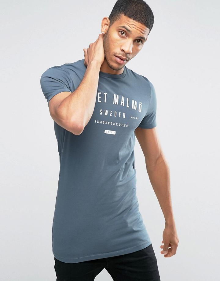 Asos Longline Muscle T-shirt With Sweden Text Print In Blue - Blue