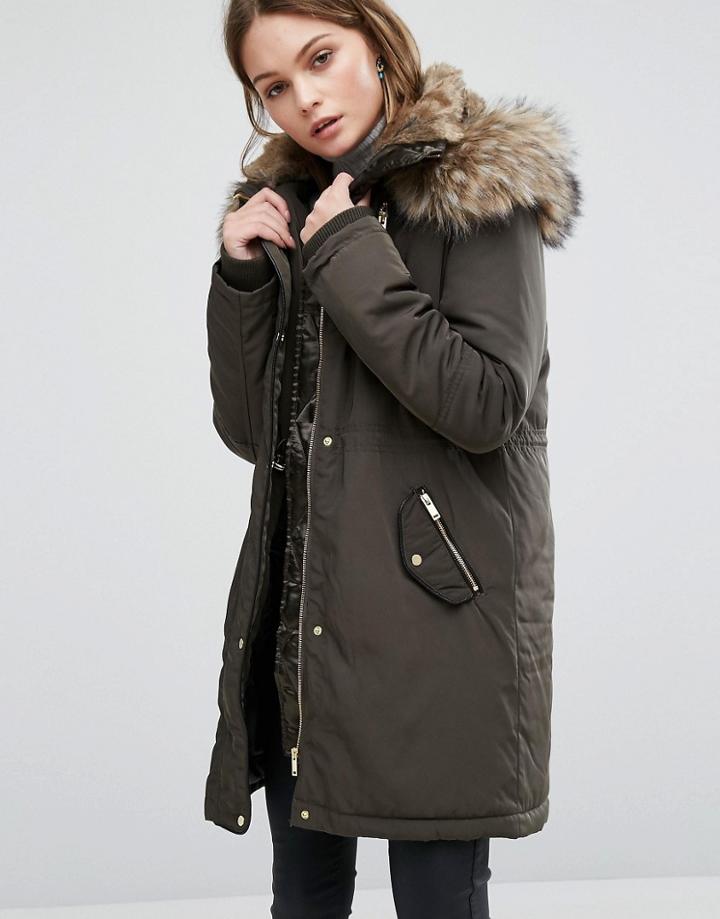 Oasis Luxe Faux Fur Trim Parka - Green