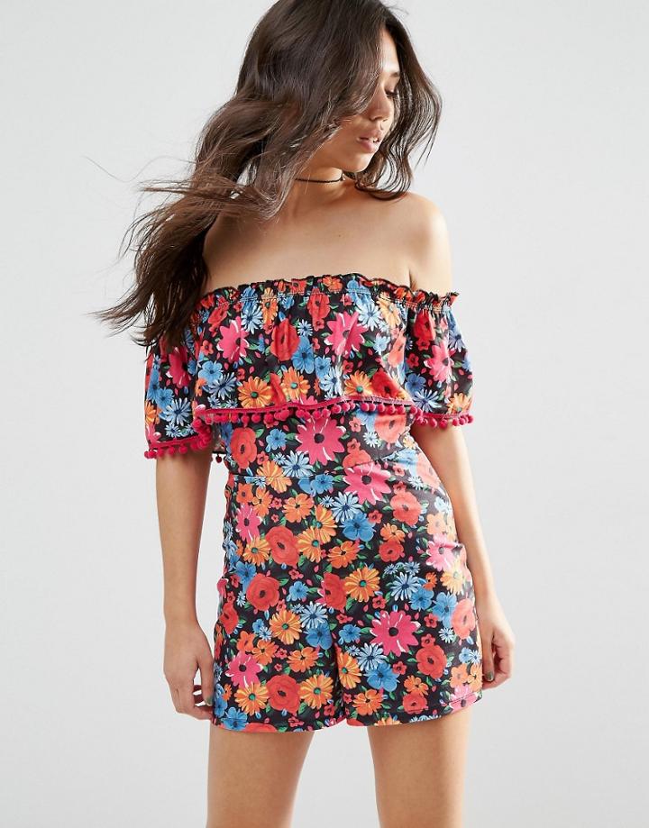 Asos Festival Off Shoulder Bright Floral Playsuit With Pom Poms - Multi