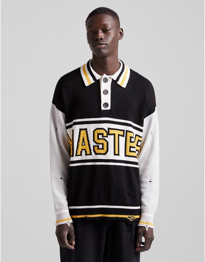 Bershka Oversized Varsity Slogan Sweater In Black
