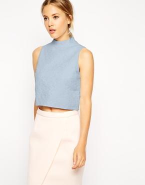 Asos Sleeveless Crop Top In Texture With High Neck - Pale Blue