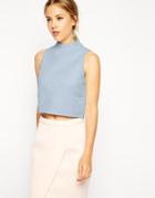 Asos Sleeveless Crop Top In Texture With High Neck - Pale Blue