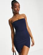 Public Desire Double Layered Strapless Slinky Thigh Split Mini Dress In Navy