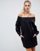 Asos Design Off Shoulder Sweat Dress With Faux Fur Sleeves - Black