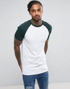 Asos Contrast Longline Muscle Raglan T-shirt In White/green - White