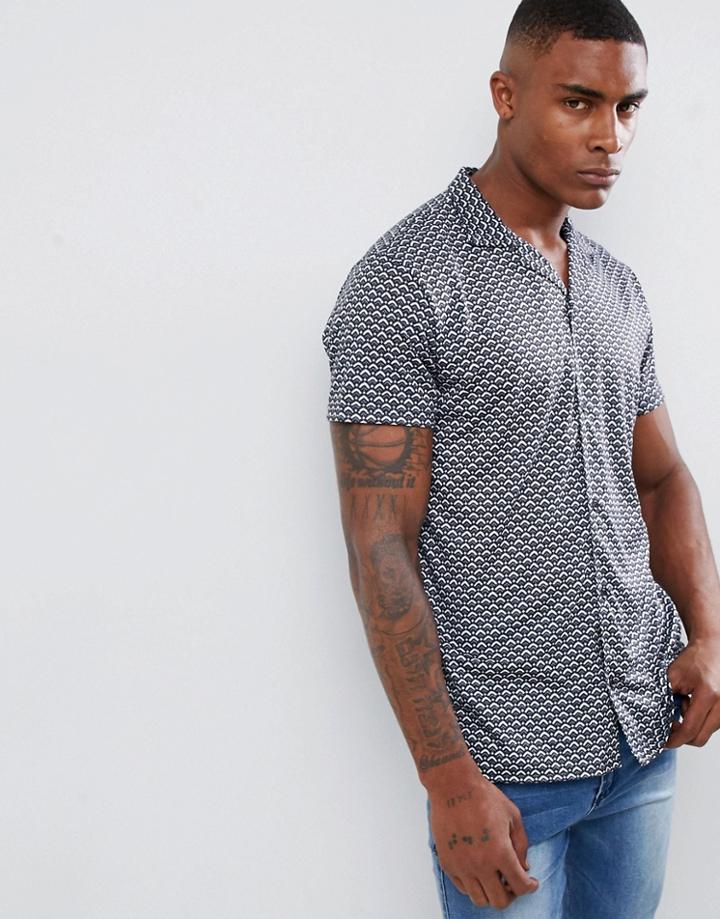 Boohooman Regular Revere Collar Shirt In Geo Print - Black