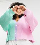 Daisy Street Plus Relaxed Boxy Cardigan In Color Block With Gem Buttons-multi