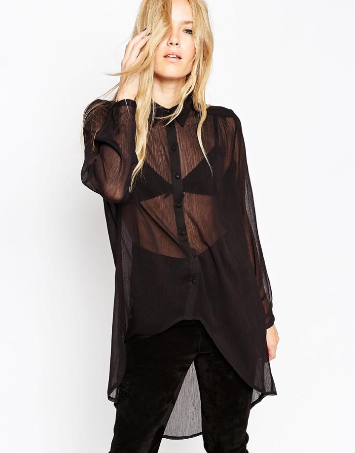 Asos High Low Hem Crinkle Blouse - Black