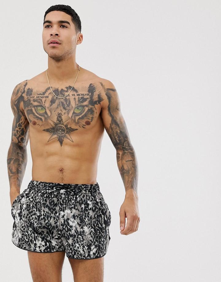 River Island Swim Shorts In Leopard Print - Black