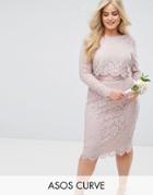 Asos Curve Wedding Lace Long Sleeve Midi Pencil Dress - Pink