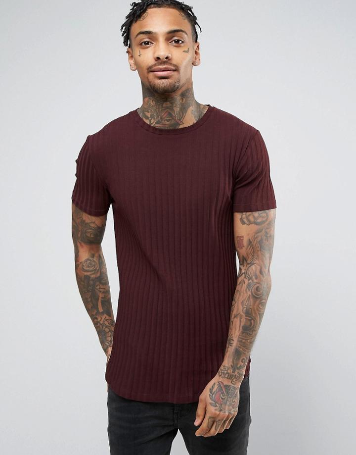 Asos Muscle Longline T-shirt In Chunky Rib With Curved Hem - Red