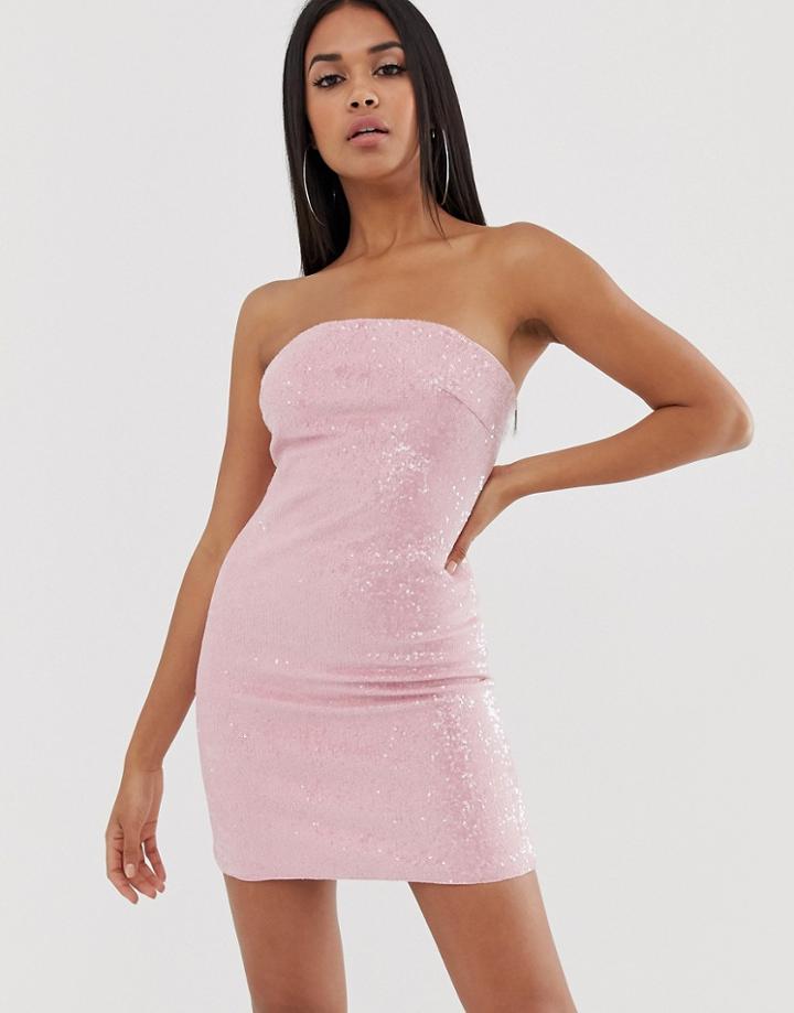 Club L London Sequin Mini Bandeau Aline Dress In Pink - Pink