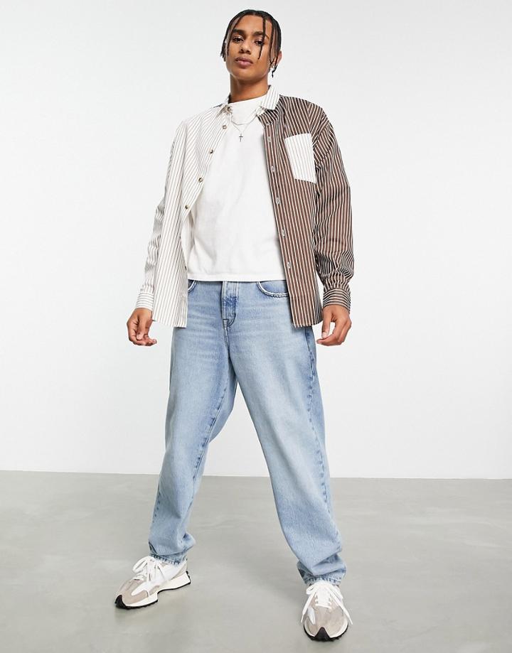 Asos Design Boxy Oversized Shirt In Brown And Beige Patchwork Stripe