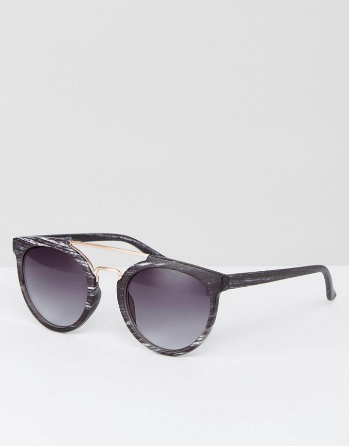 Asos Round Sunglasses In Marble Look With Gold Brow Bar - Black