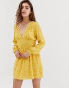 Wild Honey Long Sleeve Tea Dress With Shirring In Floral - Yellow