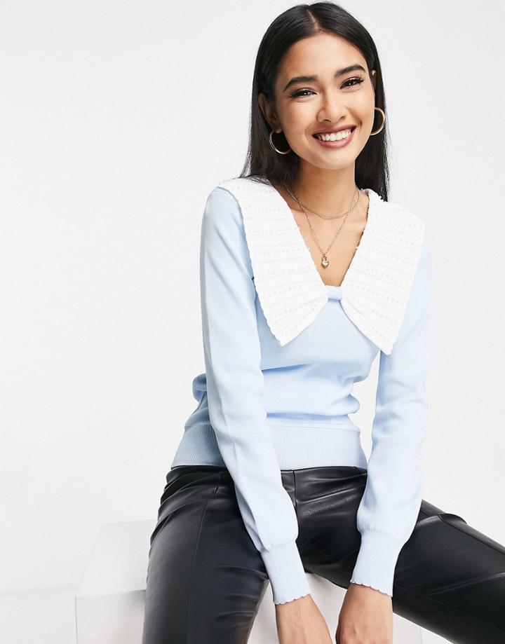River Island Pearl Collar Stitch Sweater In Blue