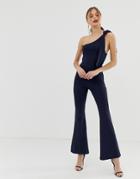 John Zack One Shoulder Fitted Jumpsuit With D Ring Belt Detail In Navy - Navy