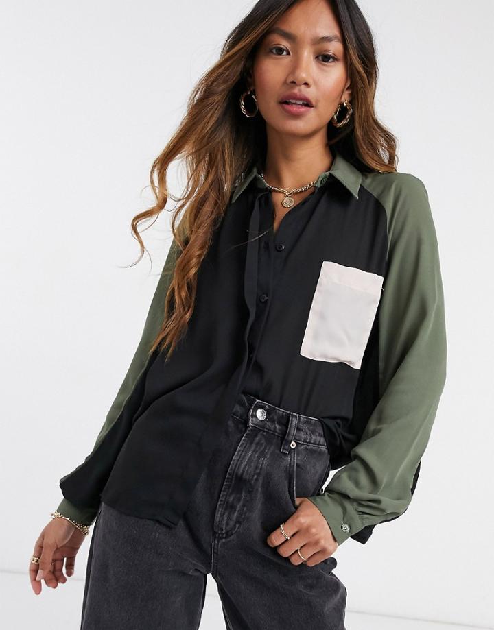 Asos Design Colour Block Shirt In Khaki And Black-green