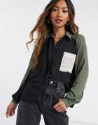 Asos Design Colour Block Shirt In Khaki And Black-green