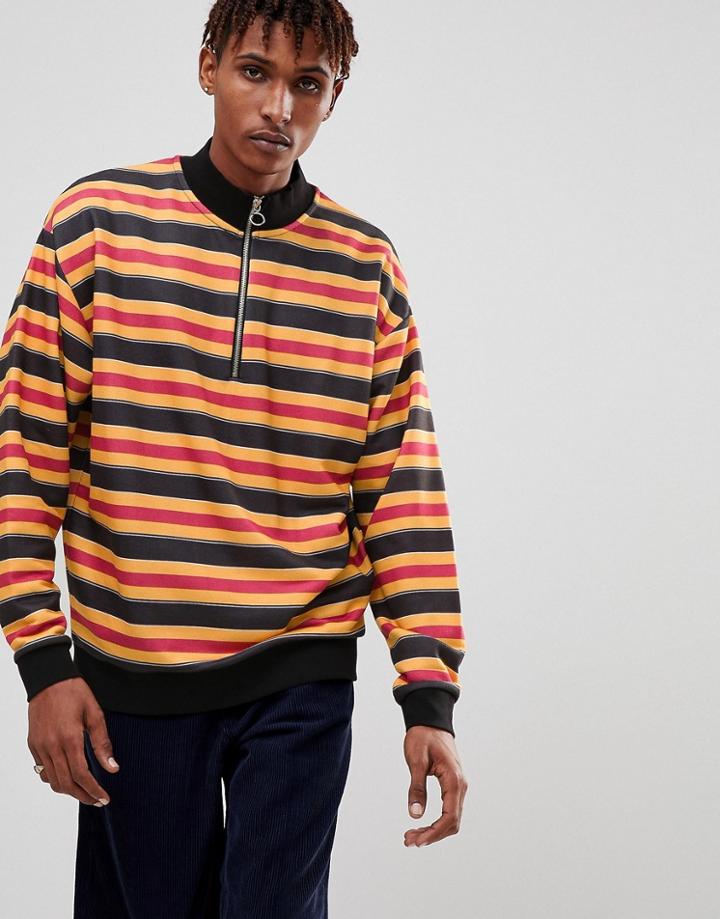 Asos Oversized Half Zip Sweatshirt In Stripes - Yellow