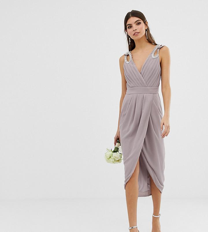 Tfnc Bridesmaid Exclusive Wrap Midi Dress With Embellished Shoulder In Gray