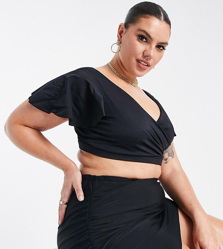 Asos Design Curve Mix And Match Flutter Sleeve Wrap Bikini Top In Black