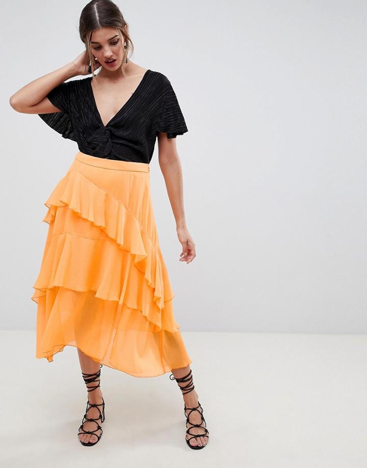 Asos Design Asymmetric Ruffle High Low Midi Skirt - Orange