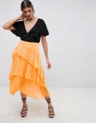 Asos Design Asymmetric Ruffle High Low Midi Skirt - Orange