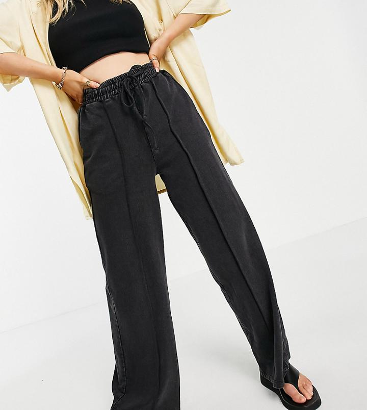 Asos Design Petite Straight Leg Sweatpants With Pintuck In Acid Wash In Charcoal-grey