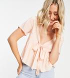 Asos Design Tall Short Sleeve Tie Front Tea Blouse In Peach-white
