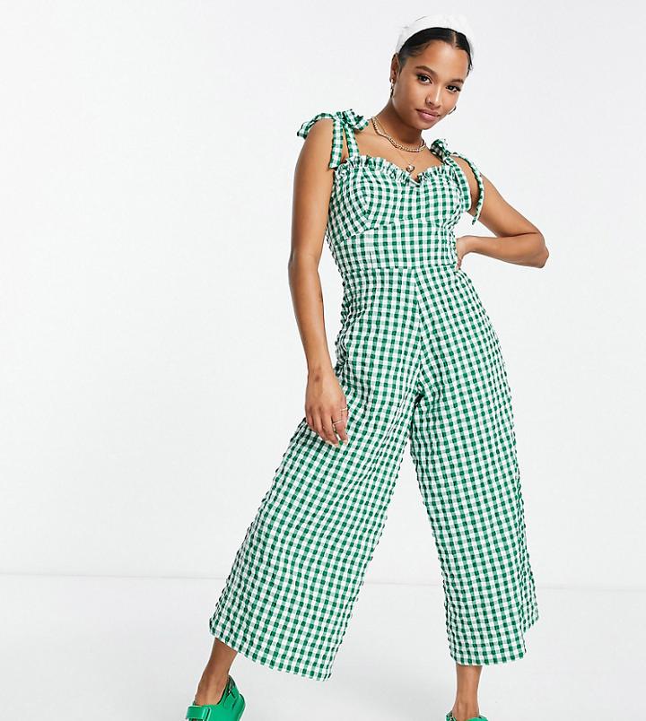 Asos Design Petite Sweetheart Neck Jumpsuit With Tie Shoulder In Green Gingham-multi
