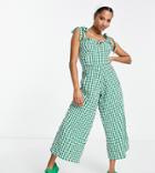 Asos Design Petite Sweetheart Neck Jumpsuit With Tie Shoulder In Green Gingham-multi
