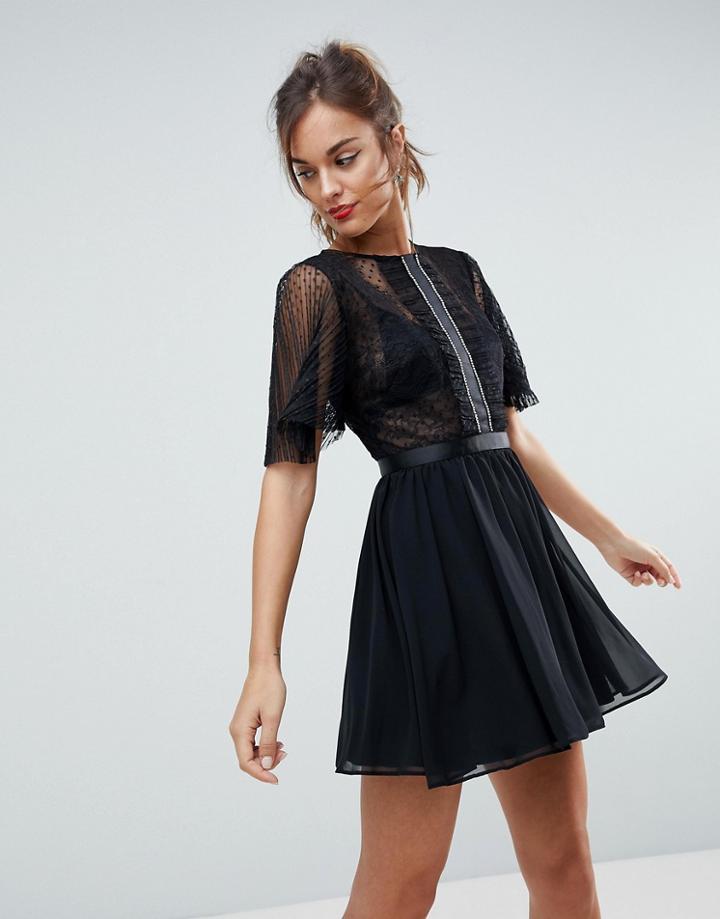 Asos Dobby Flutter Sleeve Mini Dress With Embellished Trim Panel - Black