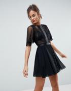 Asos Dobby Flutter Sleeve Mini Dress With Embellished Trim Panel - Black