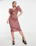Asos Design Puff Sleeve Twist Front Midi Dress In Geo Print-multi