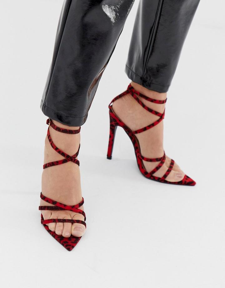 Prettylittlething Pointed Heeled Sandals With Strap Detail In Red Leopard - Multi