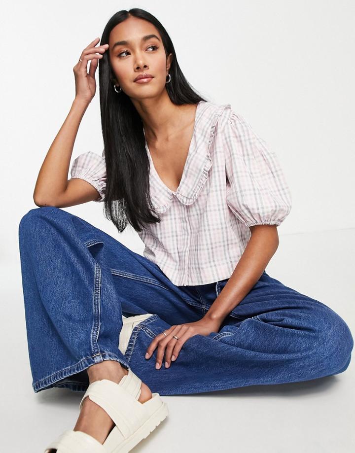 French Connection Button Front Blouse With Collar In Pink Check