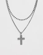 Asos Design Multirow Necklace With Crystal Cross Pendant In Silver Tone