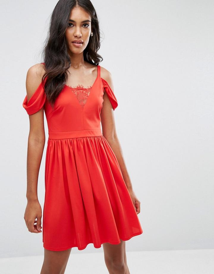 Asos Cold Shoulder Lace Back Skater Dress - Red