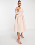 Asos Design Bare Shoulder Prom Midi Dress In Pale Blush-pink