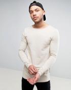 Asos Longline Muscle Long Sleeve T-shirt With Boat Neck In Beige - Beige